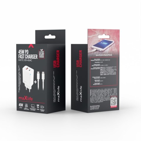 Maxlife ładowarka sieciowa PD QC MXTC-09-45AC 1x USB-C 1x USB 45W biała + kabel USB-C - USB-C 2,0m 60W