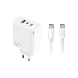 Maxlife ładowarka sieciowa PD QC MXTC-09-65ACC 2x USB-C 1x USB 65W biała + kabel USB-C - USB-C 2,0m 100W