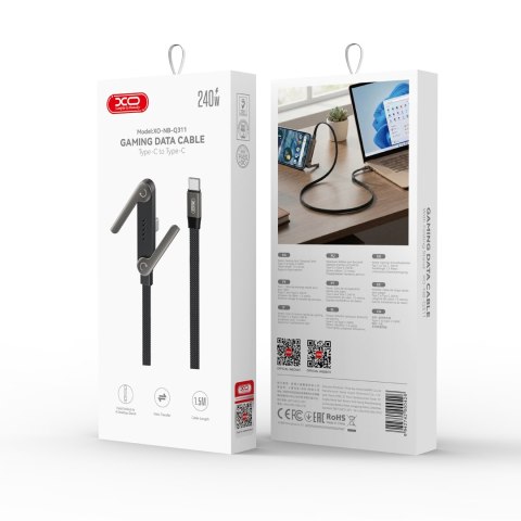 XO kabel NB-Q311 PD USB-C - USB-C 1,5m 240W czarny płaski z podstawką