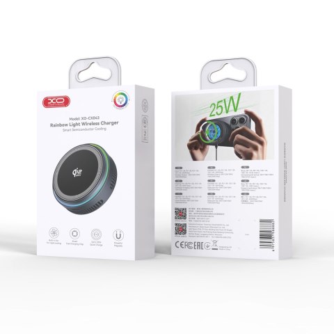 XO ładowarka bezprzewodowa indukcyjna QI2.2 CX043 magnetyczna 25W szara z LED i chłodzeniem