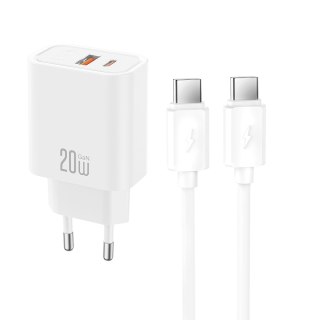 XO ładowarka sieciowa CE40 PD 20W 1x USB-C 1x USB biała + kabel USB-C - USB-C