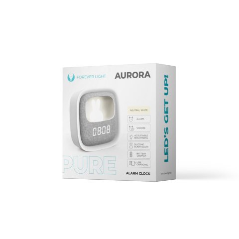 Budzik z nocnym króliczkiem LED PURE FNL-06 AURORA biały kwadratowy Forever Light