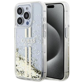 Guess nakładka do iPhone 15 Pro Max 6,7" GUHCP15XLFCSEGT transparentna HC LIQ. GLITTER GOLD STRIPES