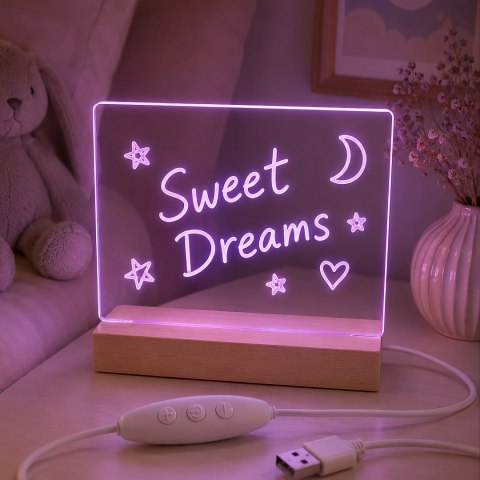 Forever Light Akrylowa Lampka Nocna LED FNL-18 z drewnianą podstawką i markerem