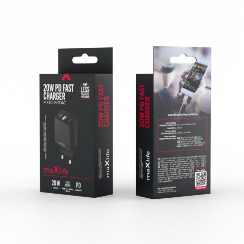 Maxlife ładowarka sieciowa PD QC MXTC-13-20AC 1x USB-C 1x USB 20W czarna