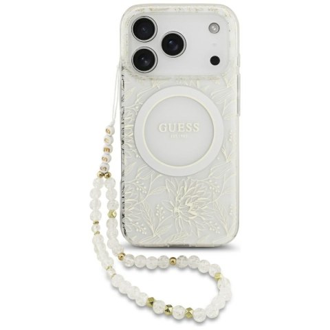 Etui Guess IML Flowers Allover Electroplated with Pearl Strap MagSafe do iPhone 18 Pro / 17 Pro biały