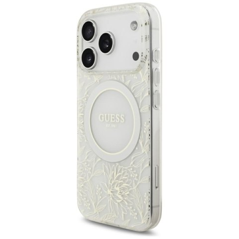 Etui Guess IML Flowers Allover Electroplated with Pearl Strap MagSafe do iPhone 18 Pro / 17 Pro biały