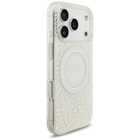 Etui Guess IML Flowers Allover Electroplated with Pearl Strap MagSafe do iPhone 18 Pro / 17 Pro biały