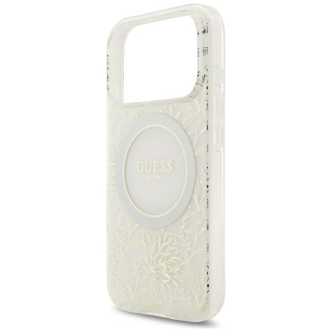 Etui Guess IML Flowers Allover Electroplated with Pearl Strap MagSafe do iPhone 18 Pro / 17 Pro biały