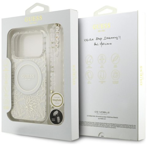 Etui Guess IML Flowers Allover Electroplated with Pearl Strap MagSafe do iPhone 18 Pro / 17 Pro biały