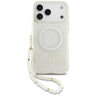 Etui Guess IML Flowers Allover Electroplated with Pearl Strap MagSafe do iPhone 18 Pro Max / 17 Pro Max biały