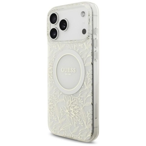 Etui Guess IML Flowers Allover Electroplated with Pearl Strap MagSafe do iPhone 18 Pro Max / 17 Pro Max biały