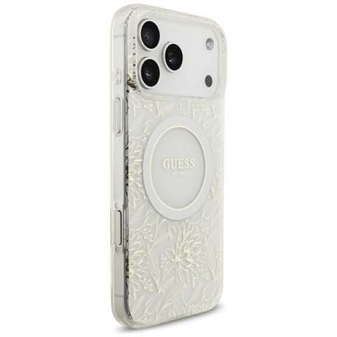 Etui Guess IML Flowers Allover Electroplated with Pearl Strap MagSafe do iPhone 18 Pro Max / 17 Pro Max biały