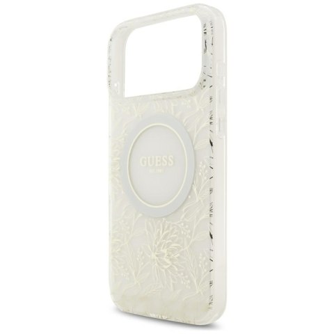 Etui Guess IML Flowers Allover Electroplated with Pearl Strap MagSafe do iPhone 18 Pro Max / 17 Pro Max biały