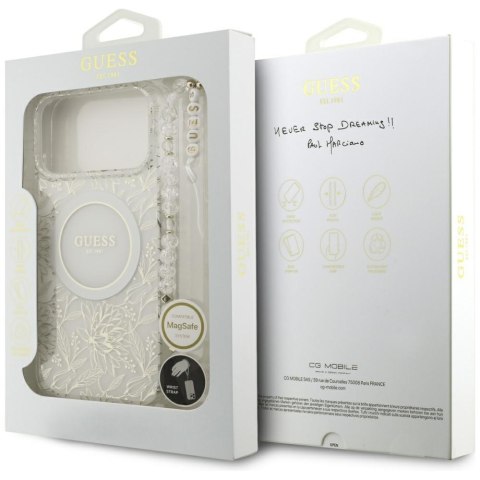 Etui Guess IML Flowers Allover Electroplated with Pearl Strap MagSafe do iPhone 18 Pro Max / 17 Pro Max biały