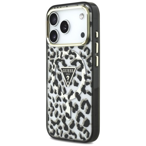 Etui Guess IML Leopard Glitter Triangle Logo MagSafe do iPhone 18 Pro / 17 Pro czarny