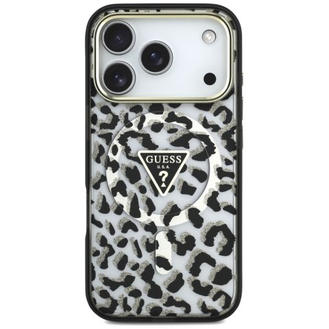 Etui Guess IML Leopard Glitter Triangle Logo MagSafe do iPhone 18 Pro / 17 Pro czarny