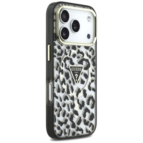 Etui Guess IML Leopard Glitter Triangle Logo MagSafe do iPhone 18 Pro / 17 Pro czarny