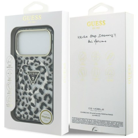 Etui Guess IML Leopard Glitter Triangle Logo MagSafe do iPhone 18 Pro / 17 Pro czarny