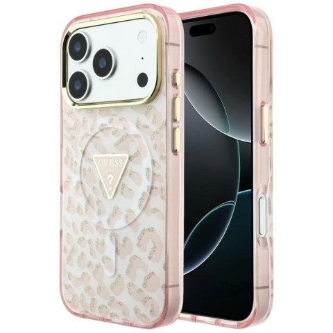 Etui Guess IML Leopard Glitter Triangle Logo MagSafe do iPhone 18 Pro / 17 Pro różowy