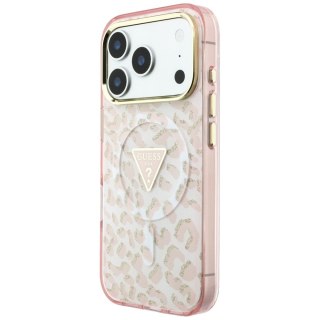 Etui Guess IML Leopard Glitter Triangle Logo MagSafe do iPhone 18 Pro / 17 Pro różowy