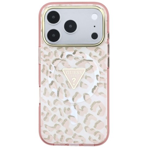Etui Guess IML Leopard Glitter Triangle Logo MagSafe do iPhone 18 Pro / 17 Pro różowy
