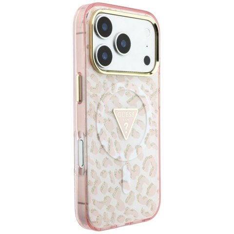 Etui Guess IML Leopard Glitter Triangle Logo MagSafe do iPhone 18 Pro / 17 Pro różowy
