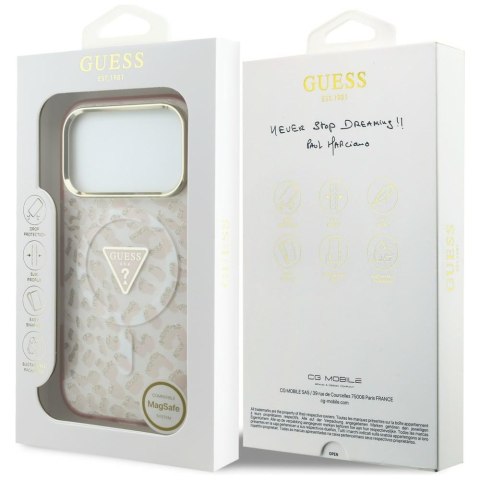 Etui Guess IML Leopard Glitter Triangle Logo MagSafe do iPhone 18 Pro / 17 Pro różowy