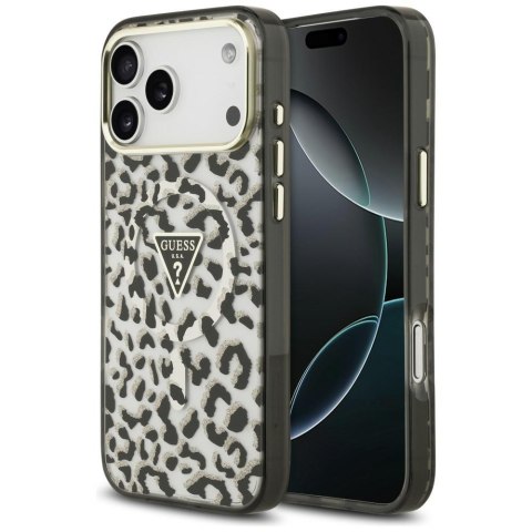 Etui Guess IML Leopard Glitter Triangle Logo MagSafe do iPhone 18 Pro Max / 17 Pro Max czarny