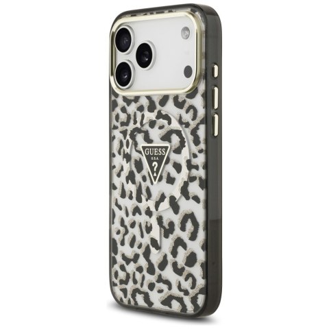Etui Guess IML Leopard Glitter Triangle Logo MagSafe do iPhone 18 Pro Max / 17 Pro Max czarny
