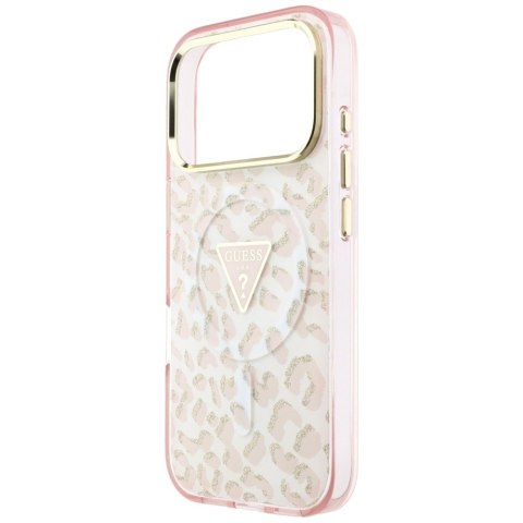 Etui Guess IML Leopard Glitter Triangle Logo MagSafe do iPhone 18 Pro Max / 17 Pro Max różowy