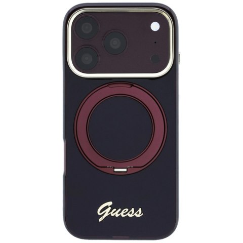 Etui Guess IML Ring Stand 360 Script Metal Logo MagSafe do iPhone 18 Pro / 17 Pro burgundowy