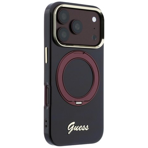 Etui Guess IML Ring Stand 360 Script Metal Logo MagSafe do iPhone 18 Pro / 17 Pro burgundowy