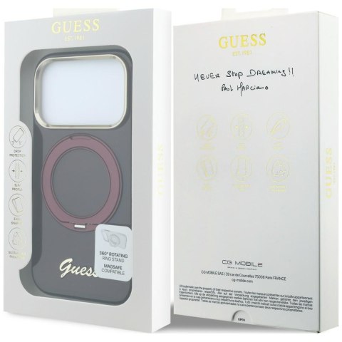 Etui Guess IML Ring Stand 360 Script Metal Logo MagSafe do iPhone 18 Pro / 17 Pro burgundowy