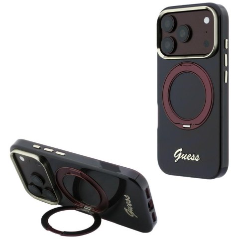 Etui Guess IML Ring Stand 360 Script Metal Logo MagSafe do iPhone 18 Pro Max / 17 Pro Max burgundowy