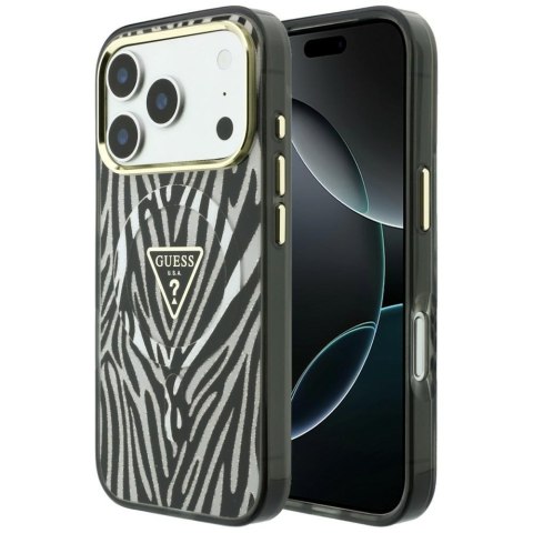 Etui Guess IML Zebra Glitter Triangle Logo MagSafe do iPhone 18 Pro / 17 Pro srebrny