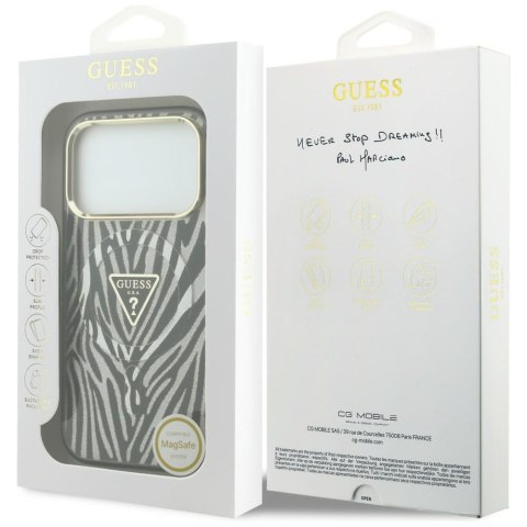 Etui Guess IML Zebra Glitter Triangle Logo MagSafe do iPhone 18 Pro / 17 Pro srebrny