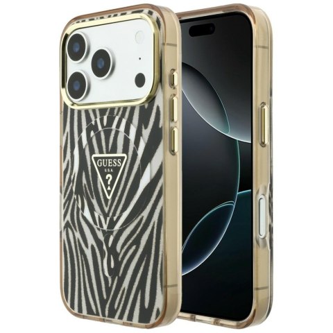Etui Guess IML Zebra Glitter Triangle Logo MagSafe do iPhone 18 Pro / 17 Pro złoty