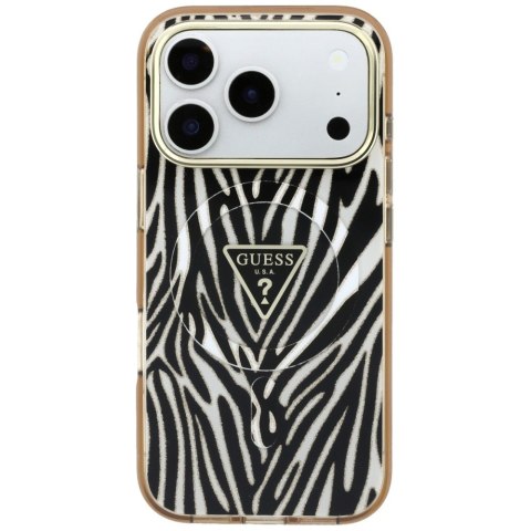 Etui Guess IML Zebra Glitter Triangle Logo MagSafe do iPhone 18 Pro / 17 Pro złoty