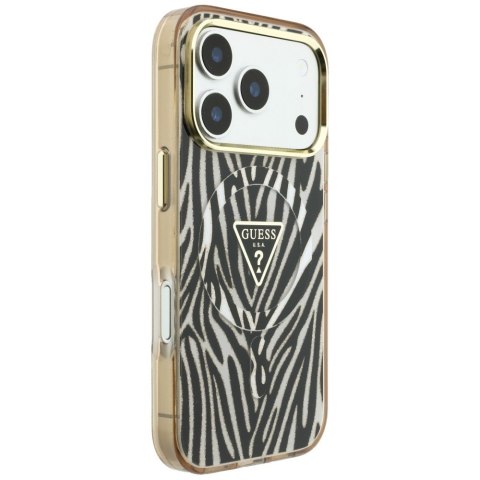 Etui Guess IML Zebra Glitter Triangle Logo MagSafe do iPhone 18 Pro / 17 Pro złoty