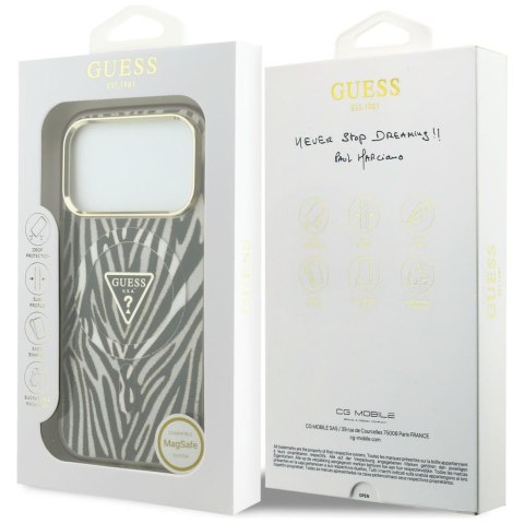 Etui Guess IML Zebra Glitter Triangle Logo MagSafe do iPhone 18 Pro / 17 Pro złoty