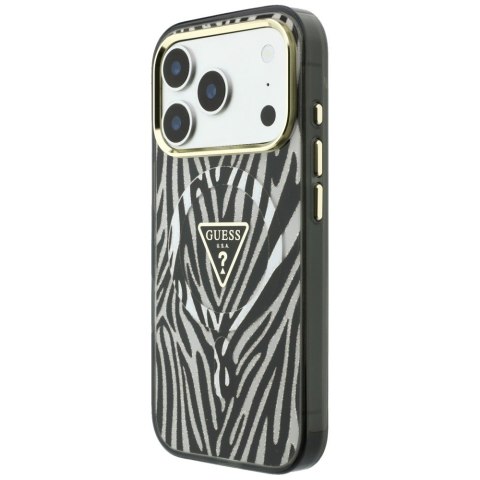 Etui Guess IML Zebra Glitter Triangle Logo MagSafe do iPhone 18 Pro Max / 17 Pro Max srebrny