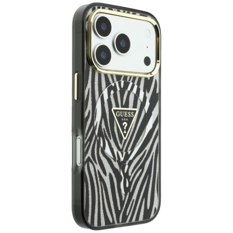 Etui Guess IML Zebra Glitter Triangle Logo MagSafe do iPhone 18 Pro Max / 17 Pro Max srebrny