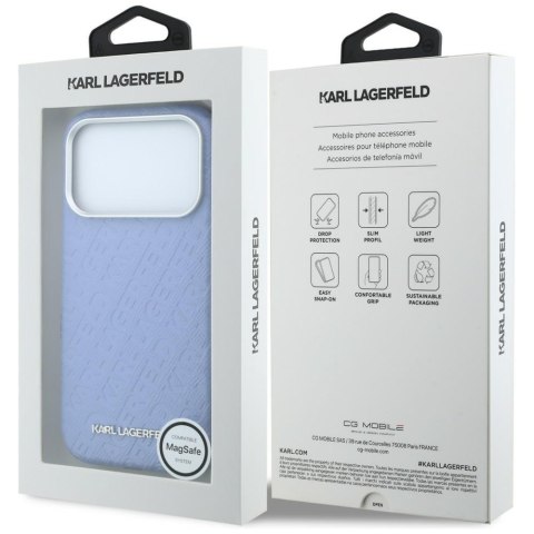 Etui Karl Lagerfeld Grained Allover Logo Metal Elongated MagSafe do iPhone 18 Pro Max / 17 Pro Max niebieski