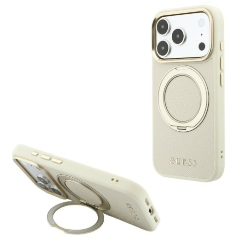 Etui Guess Ring Stand 360 Grained Classic Logo MagSafe do iPhone 18 Pro Max / 17 Pro Max beżowy