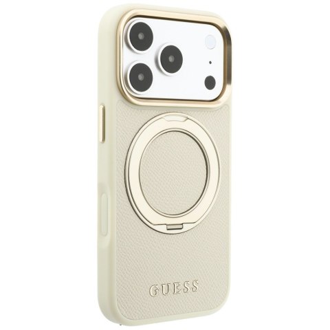 Etui Guess Ring Stand 360 Grained Classic Logo MagSafe do iPhone 18 Pro Max / 17 Pro Max beżowy