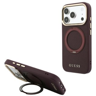 Etui Guess Ring Stand 360 Grained Classic Logo MagSafe do iPhone 18 Pro Max / 17 Pro Max burgundowy