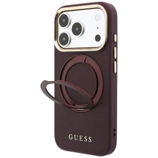 Etui Guess Ring Stand 360 Grained Classic Logo MagSafe do iPhone 18 Pro Max / 17 Pro Max burgundowy