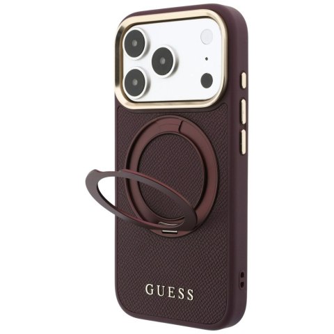 Etui Guess Ring Stand 360 Grained Classic Logo MagSafe do iPhone 18 Pro Max / 17 Pro Max burgundowy