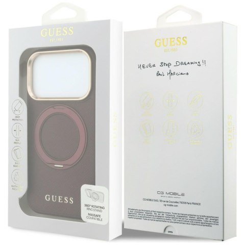 Etui Guess Ring Stand 360 Grained Classic Logo MagSafe do iPhone 18 Pro Max / 17 Pro Max burgundowy